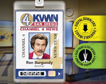 AFDRUKBARE pdf Anchorman Ron Burgundy Channel 4 News Press Pass ID-badgekaart Halloween-cosplaykostuum, naamplaatje - 2,375 x 3,375 in