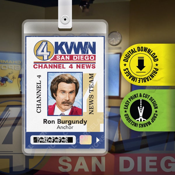 PRINTABLE PDF- Anchorman Ron Burgundy Channel 4 News Press Pass ID Badge Card Halloween Cosplay Costume Prop, Name Tag -  2.375 in x 3.375in