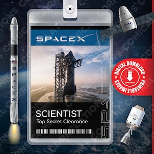 Scientifique SpaceX imprimable, badge de carte d'identité spatiale, étiquette nominative pour costume, cosplay, Halloween, cadeau amusant, réplique, TÉLÉCHARGEMENT d'image numérique