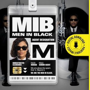 MIB - Agent M - Men In Black ID-badgekaart Halloween-cosplaykostuum Naamplaatje - Afdrukbaar pdf-bestand - Kaartformaat 2,375 x 3,375 in