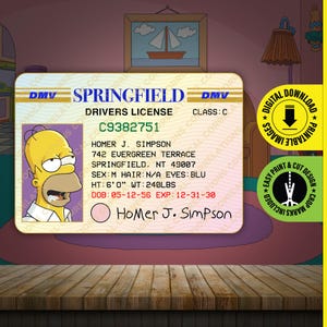 Afdrukbare pdf DOWNLOAD: The Simpsons Homer Simpson, Springfield, Parody Prop-rijbewijs. Een grappige identiteitskaart: formaat 2,375 x 3,375 inch