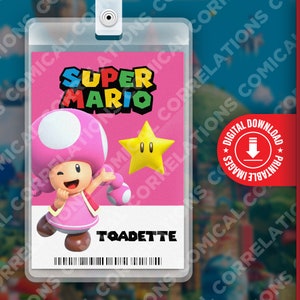 Carte d'identité imprimable Super Mario Bros. film Toadette, fête d'anniversaire amusante pour enfants, cosplay, étiquette de nom de costume d'Halloween, jeux, Nintendo