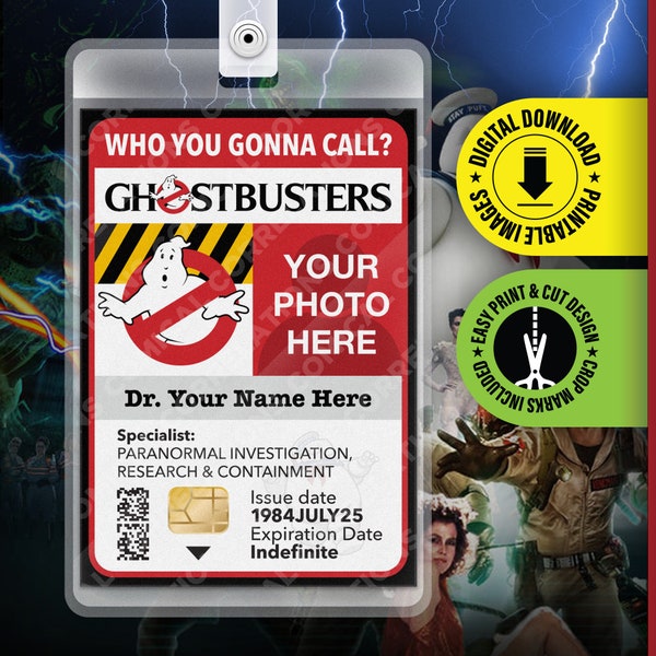 Personnalisable - carte d'identité de film GHOSTBUSTERS, badge d'identification, carte d'accessoire de réplique de costume d'Halloween, Cosplay, porte-nom, impression, téléchargement numérique pdf