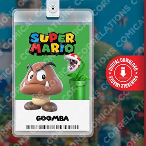 Carte d'identité imprimable Super Mario Bros. film Goomba, fête d'anniversaire amusante pour enfants, cosplay, étiquette de nom de costume d'Halloween, jeux, Nintendo