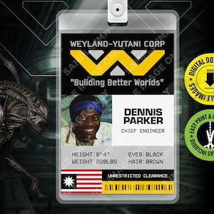 PRINTABLE PDF - Dennis Parker, Engineer, Alien Movie Cosplay Id name card, Id badge, Replica Tag, Prop, Cult Classic -  2.375 in x 3.375 in
