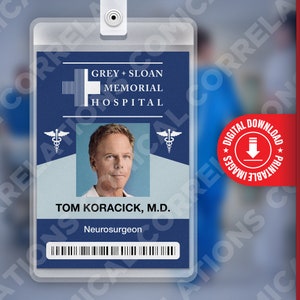 Grey&#39;s Anatomy TOM KORACICK, Grey + Sloan Memorial Hospital ID Badge Card Cosplay Costume Name Tag