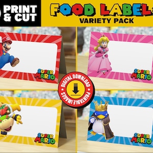 PACKET! Alle 5 Sets mit je 20 Zeichen von Super Mario Food Labels, Candy Signs - Instant Download, 9,5x13 cm - Partydekoration & Namensschilder