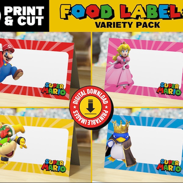 BUNDLE PACK! All 5 sets, 20 characters of Super Mario Food Labels, Candy Signs - Instant Download, 3.75x5 inches - Party Decor & Name Tags