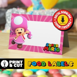 Toadette, Super Mario Food Labels, Candy Signs - Instant Download, 3.75x5 inches, 4 Designs on Page - Birthday Party Decor & Name Tags
