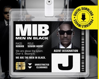 MIB - Agent J - Men In Black ID Badge Card Halloween Cosplay Costume Name Tag - Printable PDF file - Card size 2.375 in x 3.375 in