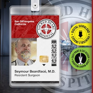 Scrubs TV Show Badge Seymour Beardfacé Sacred Heart Hospital ID Badge, Halloween Replica Prop Card Cosplay Costume Name Tag Digital Download