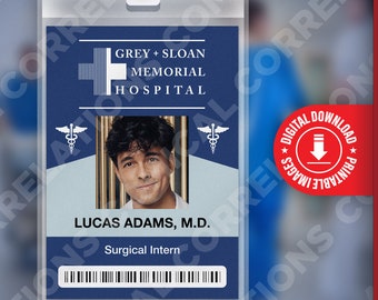Grey's Anatomy LUCAS ADAMS, Grey + Sloan Memorial Hospital ID Badge Card Cosplay Costume Name Tag