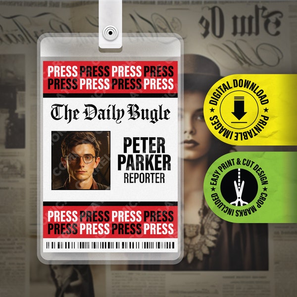 PRINTABLE PDF - The Daily Bugle - Peter Parker - Press Pass - ID Badge Card Halloween Cosplay Costume Name Tag - Size 2.375 in x 3.375 in