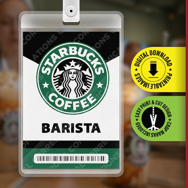 PRINTABLE PDF - Starbucks - Barista - Employee ID Badge, Halloween Cosplay Prop Card, Costume Name Tag - Card size 2.375 in x 3.375 in