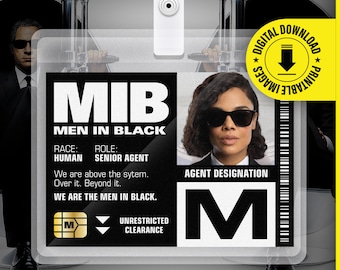 MIB - Agente M - Tarjeta de identificación de Hombres de Negro Etiqueta de nombre del disfraz de Halloween Cosplay - Archivo PDF imprimible - Tamaño de la tarjeta 2.375 x 3.375 pulgadas