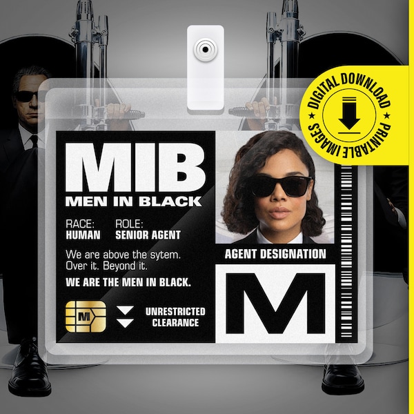 MIB - Agent M - Men In Black ID Badge Card Halloween Cosplay Costume Name Tag - Printable PDF file - Card size 2.375 in x 3.375 in