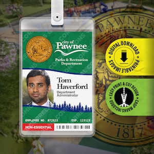 PDF STAMPABILE - Tom Haverford City of Pawnee Department of Parks and Recreation Badge ID Card Cosplay Costume Name Tag Prop 2,375 x 3,375 pollici