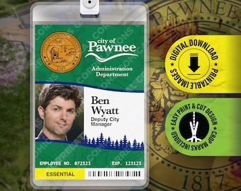 PRINTABLE PDF - Ben Wyatt City of Pawnee Department of Parks and Recreation ID Badge Card Cosplay Costume Name Tag Prop - 2.375 x 3.375 in