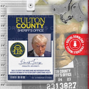 Fotografía policial de la oficina del sheriff del condado de Fulton de Donald Trump, estado de Georgia, tarjeta de identificación de recluso imprimible, etiqueta con nombre para disfraz de cosplay