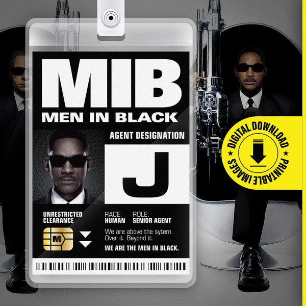 MIB - Agent J - Men In Black ID Badge Card Halloween Cosplay Costume Name Tag - Printable PDF file - Card size 2.375 in x 3.375 in