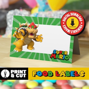 Bowser, Super Mario Food Labels, Candy Signs - Instant Download, 3.75x5 inches, 4 Designs on Page - Birthday Party Decor & Name Tags