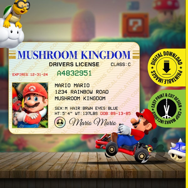 Printable PDF DOWNLOAD - Super Mario Kart Mushroom Kingdom Prop Drivers License. A Funny ID Card For Kids - Card size 2.375 in x 3.375 in