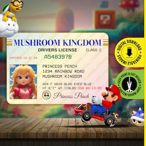 Afdrukbare pdf DOWNLOAD - Princess Peach Super Mario Kart Mushroom Kingdom Prop rijbewijs, een leuke ID-kaart - formaat 2,375 x 3,375 in