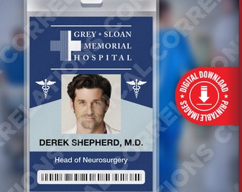 Grey&#39;s Anatomy DEREK SHEPHERD, Grey + Sloan Memorial Hospital ID Badge Card Cosplay Costume Name Tag