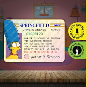 PDF stampabile DOWNLOAD - The Simpsons Marge Simpson, Springfield, parodia della patente di guida di scena. Una divertente carta d'identità - Dimensioni 2,375 in x 3,375 in