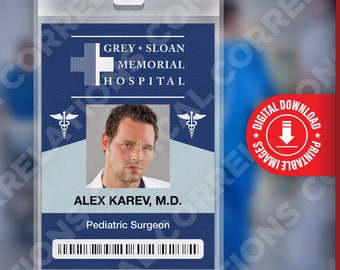 Grey's Anatomy ALEX KAREV, Grey + Sloan Memorial Hospital ID Badge Card Cosplay Costume Name Tag