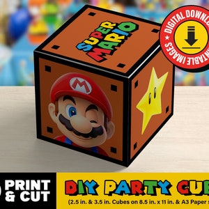 Manualidades y recuerdos para fiestas con cubos de Super Mario: descarga en formato PDF imprimible. 2 tamaños: 2,5 pulgadas en papel tamaño carta y 3,5 pulgadas en papel tamaño A3.