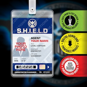 PRINTABLE PDF - Personalized Shield Agent ID Badge Replica, Prop Halloween Card, Cosplay, Costume Party, Name Tag - Size 2.375 in x 3.375 in