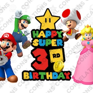 Printable Super Mario kids Happy Third 3rd Birthday Downloadable graphic for 36x24in poster, t-shirt, invitations High-Res JPEG, PDF, PNG