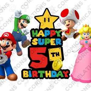 Druckbare Super Mario Kinder Happy Fifth 5th Birthday Herunterladbare Grafik für 36x24-Zoll-Poster, T-Shirt, Einladungen High-Res JPEG, PDF, PNG