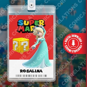 Carte d'identité imprimable Super Mario Bros. film Rosalina, fête d'anniversaire amusante pour enfants, cosplay, étiquette de nom de costume d'Halloween, jeux, Nintendo
