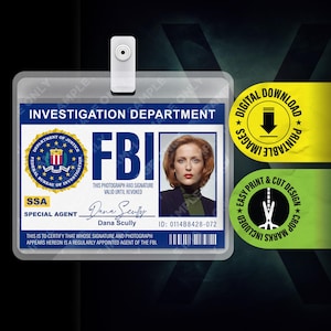 Badge de carte imprimable FBI X Files, agent Dana Scully, émission de télévision, classique culte, porte-nom, costume, cosplay, Halloween, réplique, téléchargement