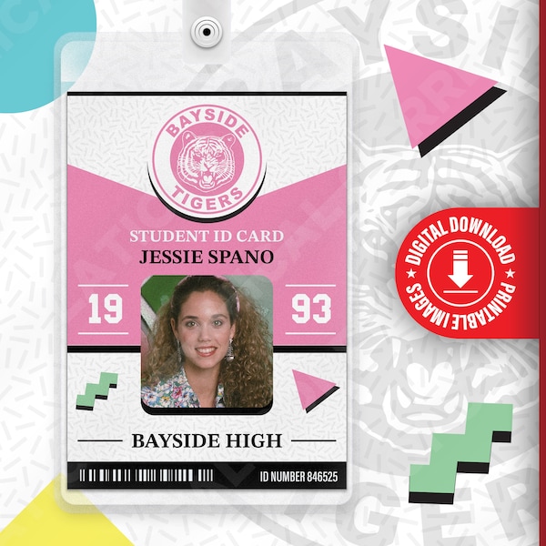 Saved by the Bell Jessie Spano, Bayside Tigers, 80's and 90's Vintage Retro Design ID Badge Card Cosplay Costume Name Tag, Halloween