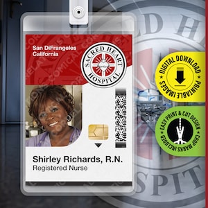 Scrubs TV Show Badge, Shirley Richards, Sacred Heart Hospital ID Badge Halloween Replica Prop Card Cosplay Costume Name Tag Digital Download