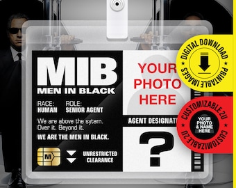 MIB - Gepersonaliseerde agent - mannen in het zwart ID-badgekaart Halloween-cosplaykostuum Naamplaatje - pdf-bestand - kaartformaat 2,375 x 3,375 in