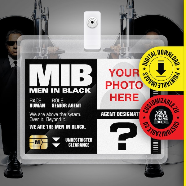 MIB - Personalisierter Wirkstoff - Men In Black ID Badge Halloween Cosplay Kostüm Namensschild - PDF-Datei - Kartengröße 2,375 in x 3,375 in