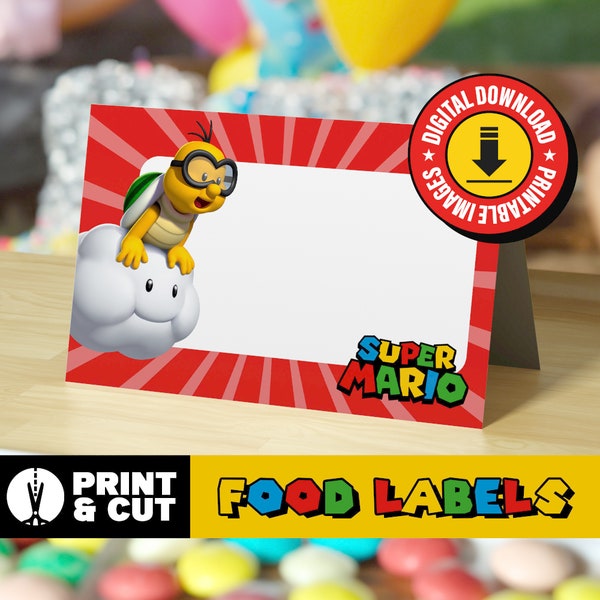 Lakitu, Super Mario Food Labels, Candy Signs - Instant Download, 3.75x5 inches, 4 Designs on Page - Birthday Party Decor & Name Tags
