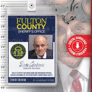 Fotografía policial del alcalde de Nueva York, Rudy Giuliani, oficina del alguacil del condado de Fulton, fotografía policial, estado de Georgia, recluso, tarjeta de identificación, disfraz de cosplay, etiqueta con nombre