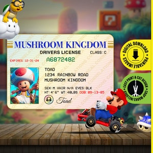 DESCARGA PDF imprimible - Licencia de conducir de utilería Toad Super Mario Kart Mushroom Kingdom, una tarjeta de identificación divertida - Tamaño 2.375 in x 3.375 in