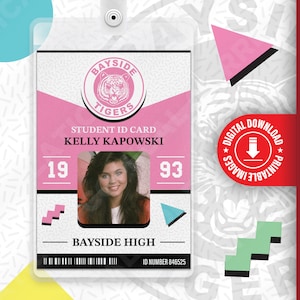 Saved by the Bell Kelly Kapowski, Bayside Tigers, 80&#39;s and 90&#39;s Vintage Retro Design ID Badge Card Cosplay Costume Name Tag, Halloween