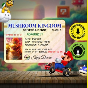 Druckbare PDF-DOWNLOAD - King Bowser Super Mario Kart Mushroom Kingdom Prop Führerschein, ein Spaß Ausweis - Größe 2,375 in x 3,375 in