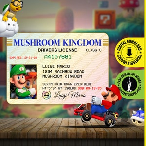 Druckbares PDF-DOWNLOAD - Luigi Super Mario Kart Mushroom Kingdom Prop Führerschein, ein Spaß Ausweis - Größe 2,375 in x 3,375 in