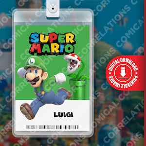 Carte d'insigne d'identité Luigi du film Super Mario Bros. IMPRIMABLE, fête d'anniversaire amusante pour enfants, cosplay, étiquette de nom de costume d'Halloween, jeux, Nintendo