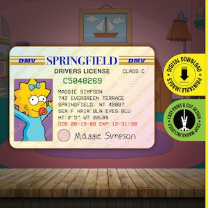 PDF stampabile DOWNLOAD - The Simpsons Maggie Simpson, Springfield, parodia Prop Patente di guida. Una divertente carta d'identità - Dimensioni 2,375 in x 3,375 in