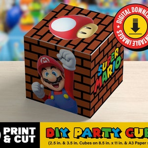 Manualidades y recuerdos para fiestas con cubos de Super Mario: descarga en formato PDF imprimible. 2 tamaños: 2,5 pulgadas en papel tamaño carta y 3,5 pulgadas en papel tamaño A3.