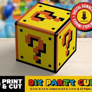 Manualidades y recuerdos para fiestas con cubos de Super Mario: descarga en formato PDF imprimible. 2 tamaños: 2,5 pulgadas en papel tamaño carta y 3,5 pulgadas en papel tamaño A3.